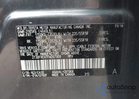 2015 Toyota Rav4 Limited z USA, uszkodzony, nr VIN 2T3DFREV7FW267908